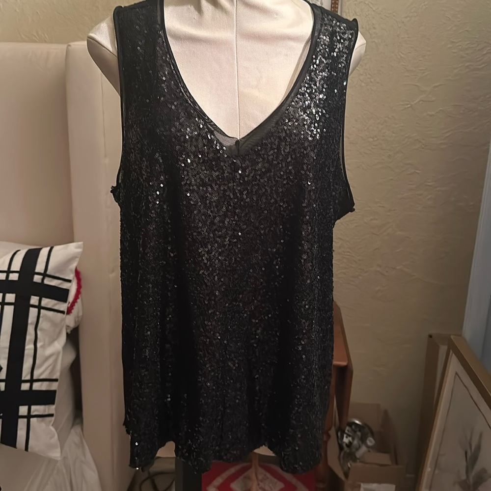 Black sequined tank top with sheer detailing